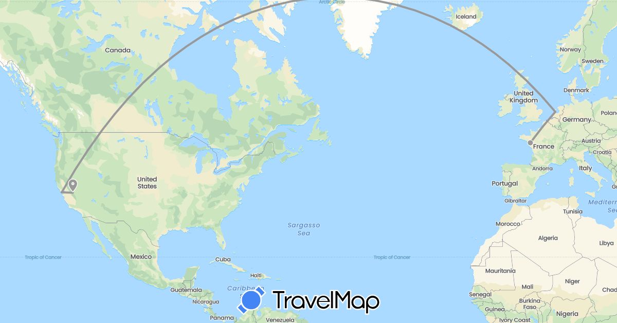TravelMap itinerary: plane in France, Netherlands, United States (Europe, North America)
